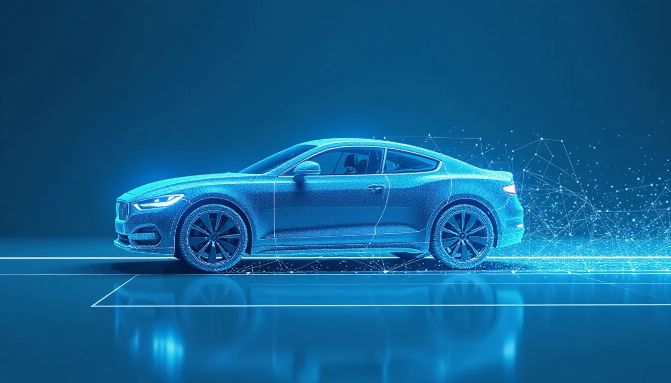 3D holographic representation of a modern sports car, showcasing its sleek design and innovative technology against a blue digital background. Ideal for illustrating advancements in automotive design and engineering.