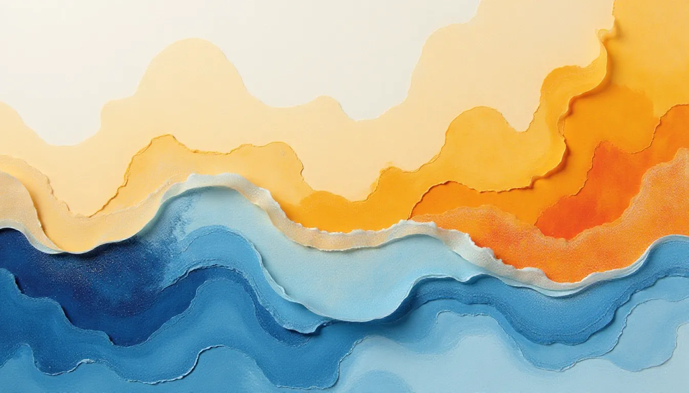 Abstract layered artwork featuring wavy textures and gradients in warm colors like yellow, orange, and cool shades of blue, creating a soothing oceanic effect. Perfect for modern decor and artistic inspiration.