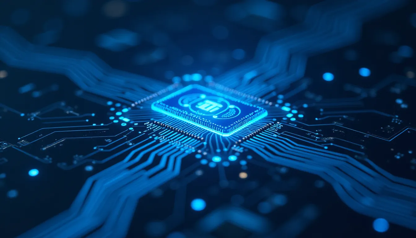 Close-up view of a blue illuminated microchip on a circuit board, showcasing intricate connections and technology patterns, symbolizing advancements in computing and electronics.