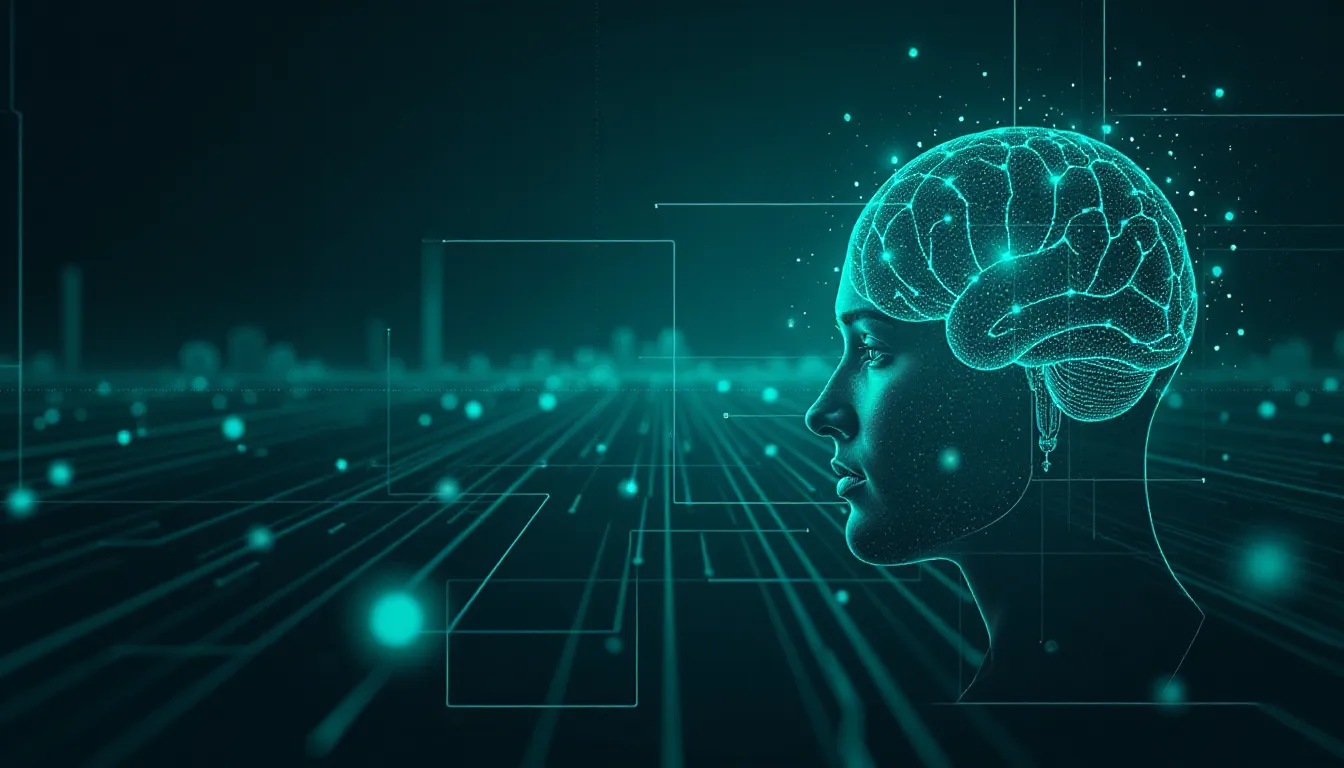 Digital illustration of a human silhouette with a glowing brain, surrounded by abstract geometric shapes and a futuristic network background, symbolizing the intersection of technology and neuroscience.