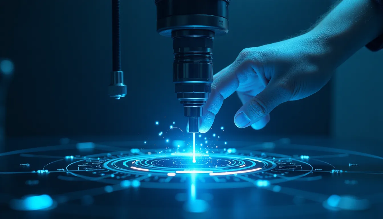 Close-up of a hand operating a high-precision laser cutting tool, emitting blue light onto a circular pattern on a dark surface, representing advanced technology and innovation in manufacturing.