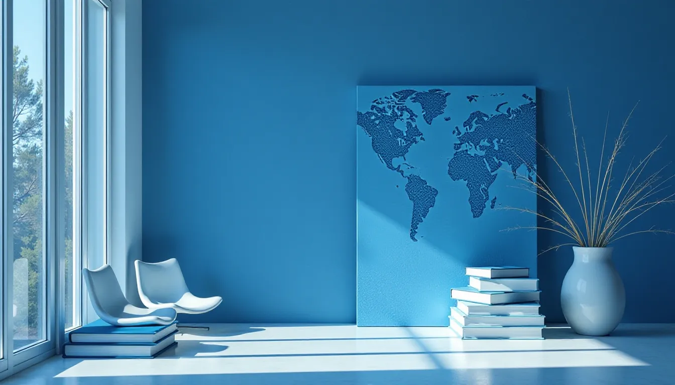 Bright blue interior featuring a large world map on the wall, modern white chairs, stacked books, and a decorative vase with dried plants, creating a serene and stylish atmosphere.