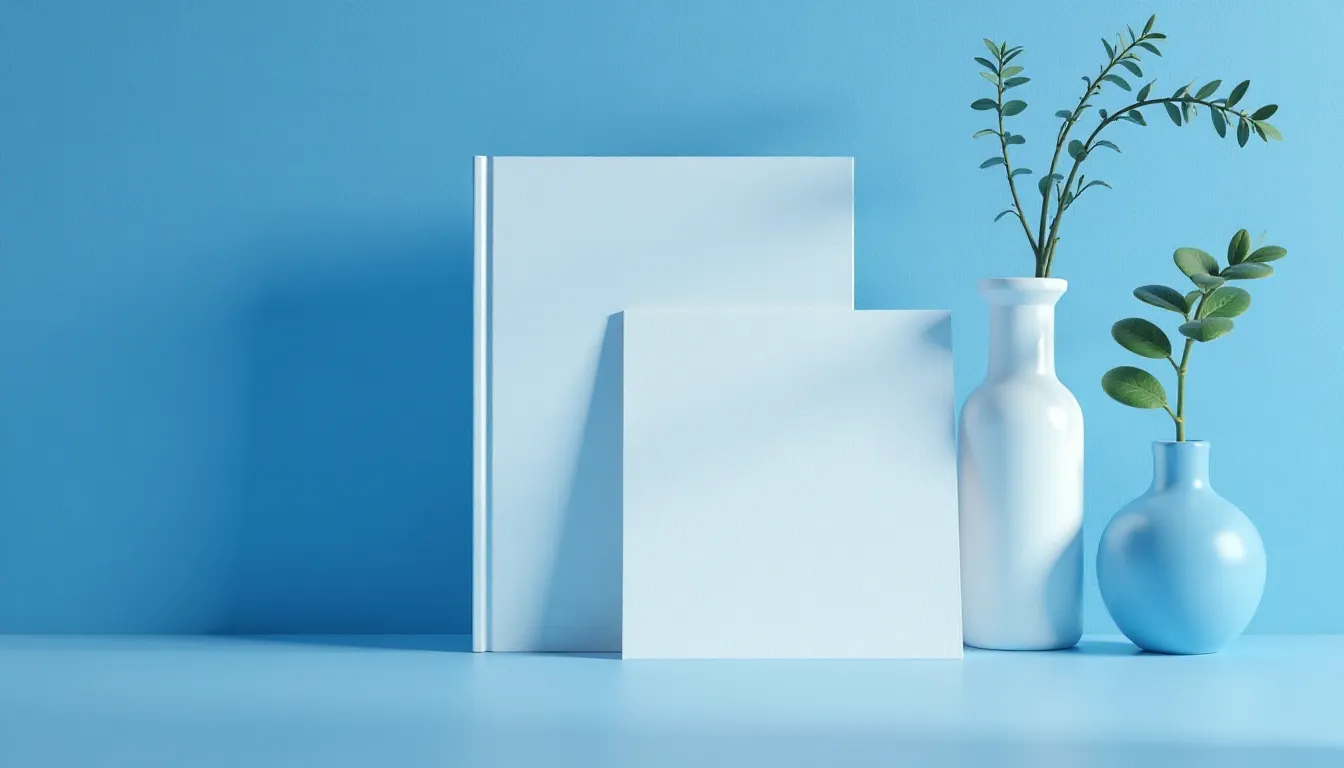 Minimalist still life featuring two blank books, one upright and one lying flat, alongside two vases with greenery, against a soft blue background. Perfect for concepts of creativity, design, or stationery.