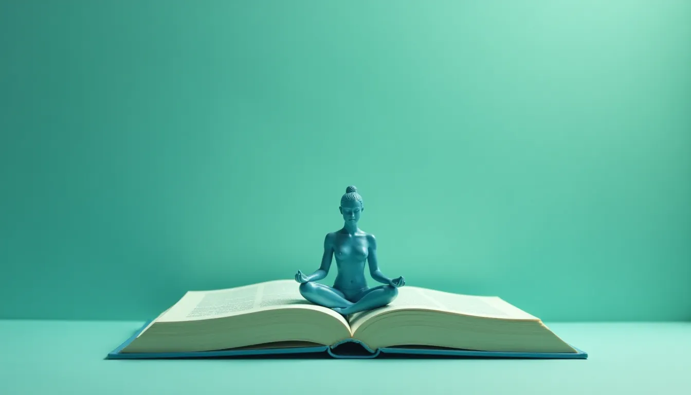 A tranquil blue figurine meditating on an open book, set against a soft turquoise background, symbolizing mindfulness and the pursuit of knowledge.