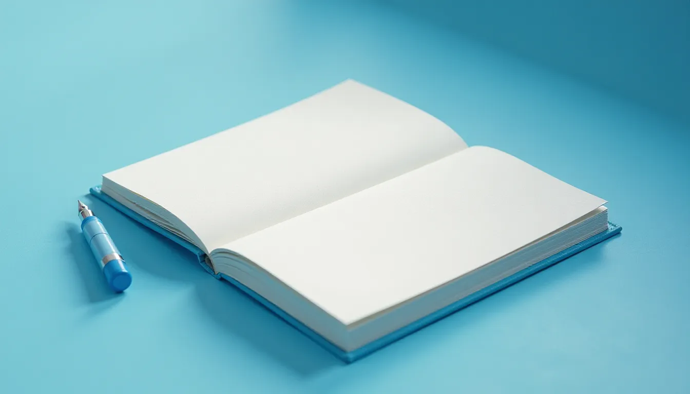 Open blank notebook on a blue background alongside a blue pen, ideal for note-taking, journaling, or creative writing.