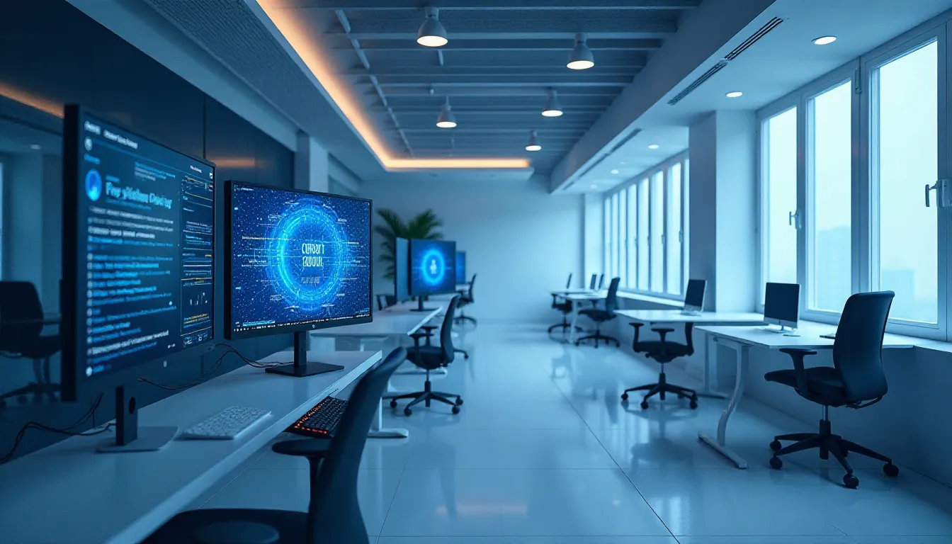 Modern office space featuring multiple computer workstations, large high-resolution monitors displaying code and data visualizations, and a sleek, minimalist design with ample natural light from large windows.