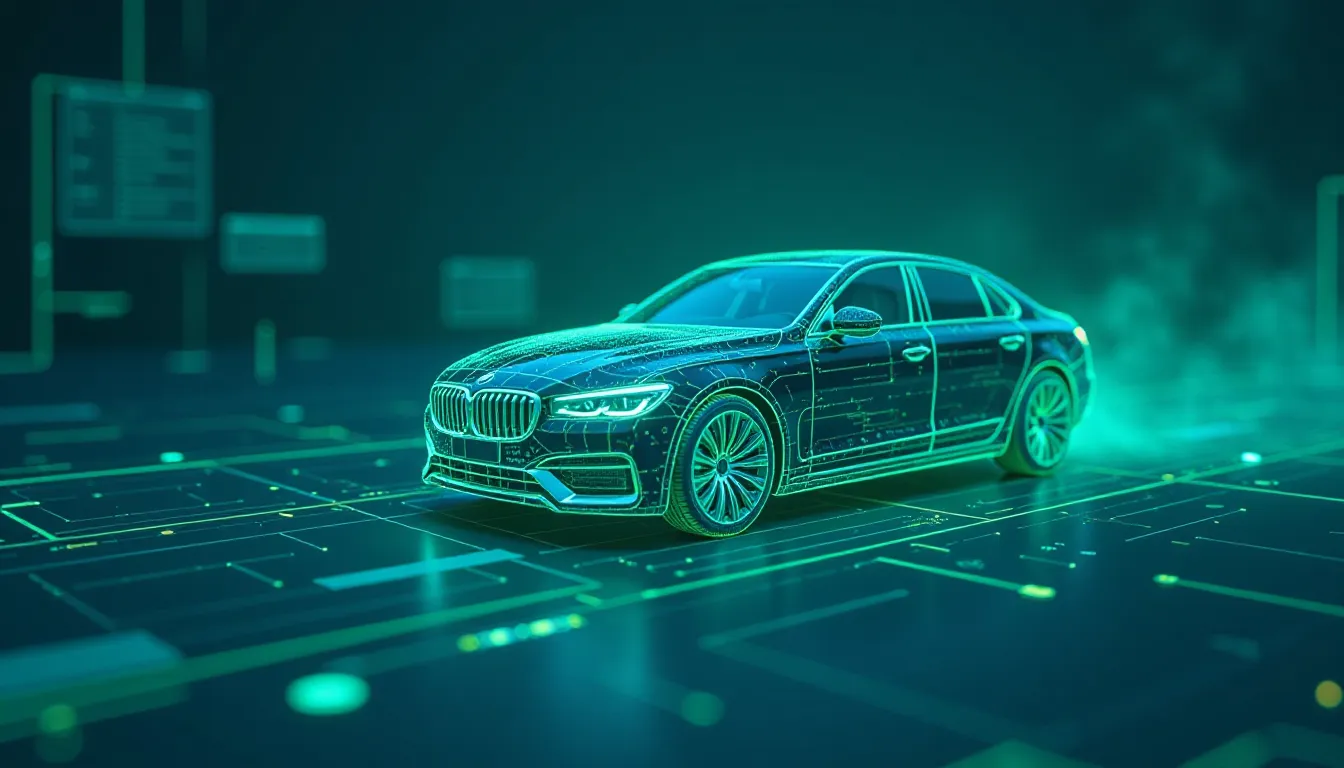 3D rendered holographic model of a BMW sedan with glowing blue and green lines, set against a futuristic digital background featuring circuit patterns and data streams, illustrating advanced automotive technology.