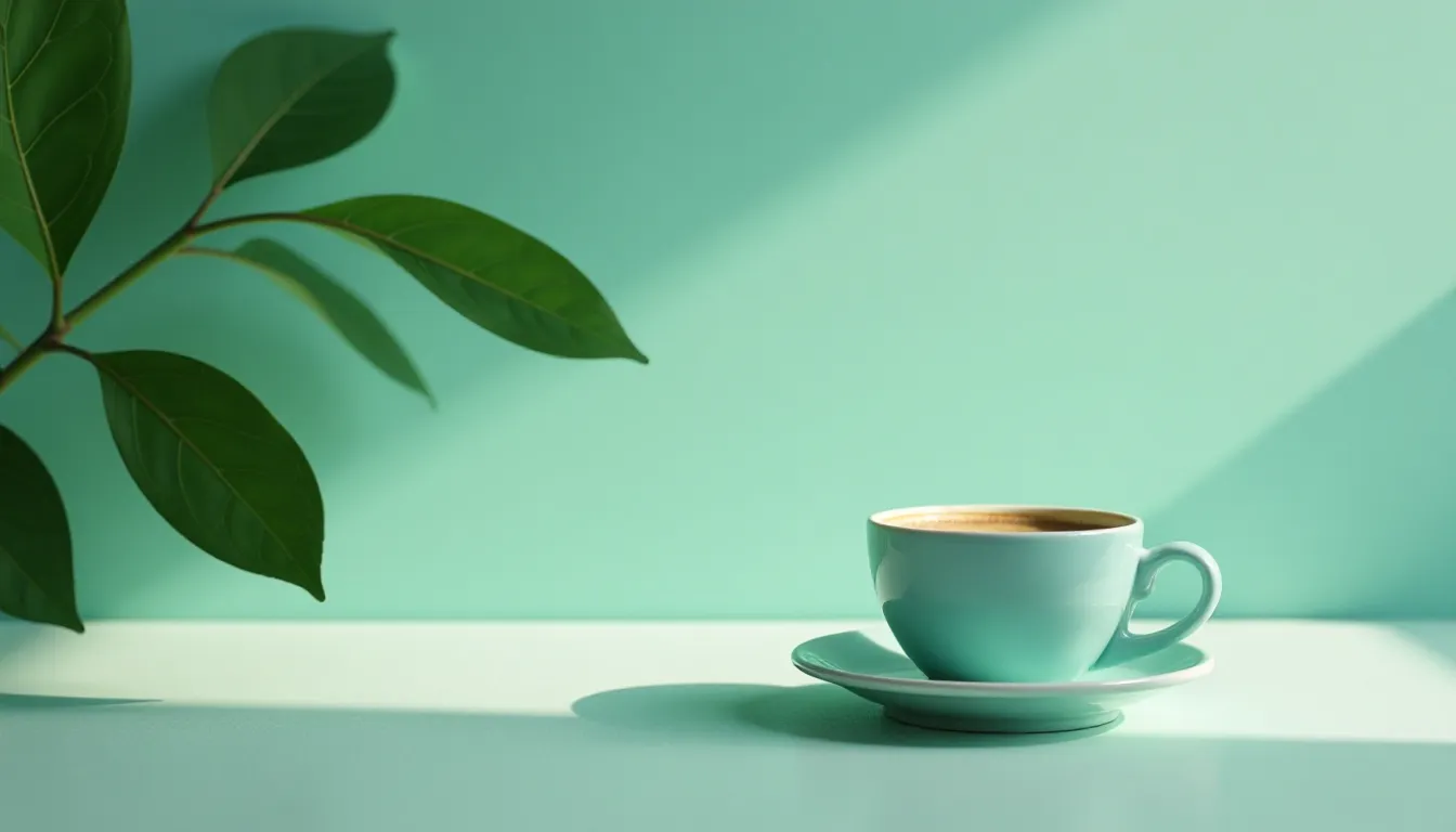 A light blue coffee cup filled with espresso sits on a matching saucer against a soft mint green background, accompanied by lush green leaves for a refreshing aesthetic.