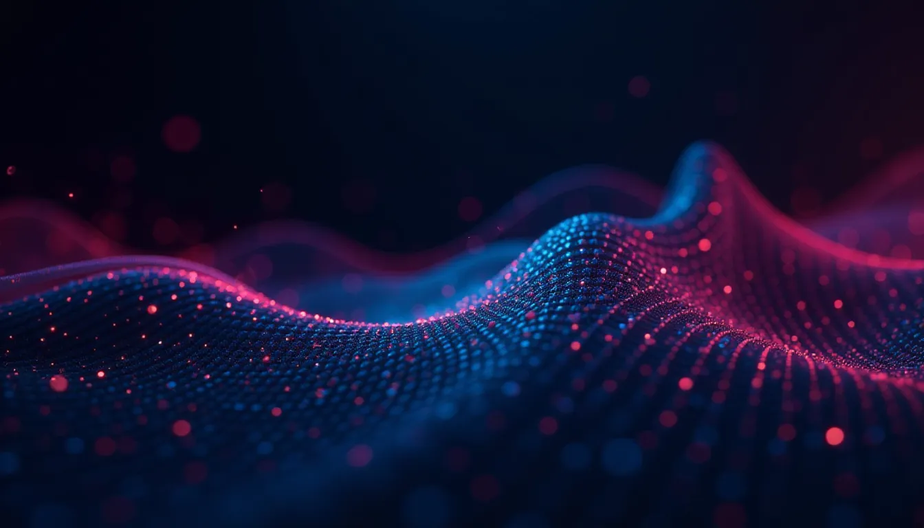 Abstract digital wave with glowing particles in shades of blue and pink, set against a dark background, representing modern technology and digital art concepts.