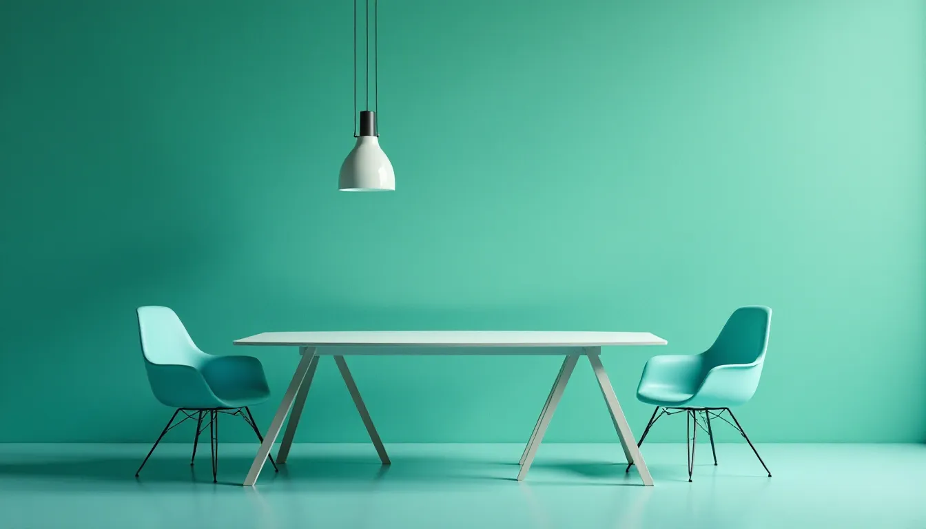 Modern dining setup featuring a white table and teal chairs against a vibrant teal wall, illuminated by a stylish pendant light, creating a fresh and inviting atmosphere.