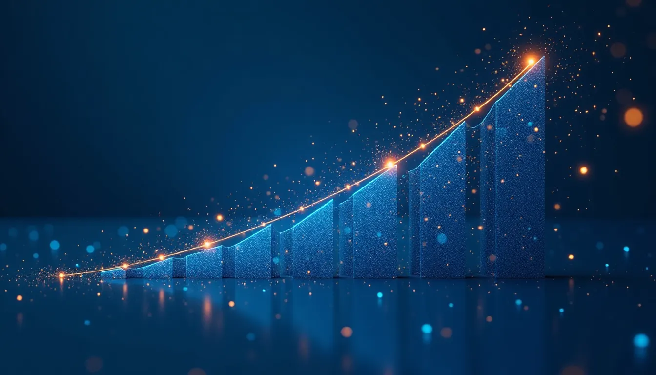 Illustration of a blue ascending bar graph with glowing elements and sparkles, symbolizing growth and progress in business or data analytics.