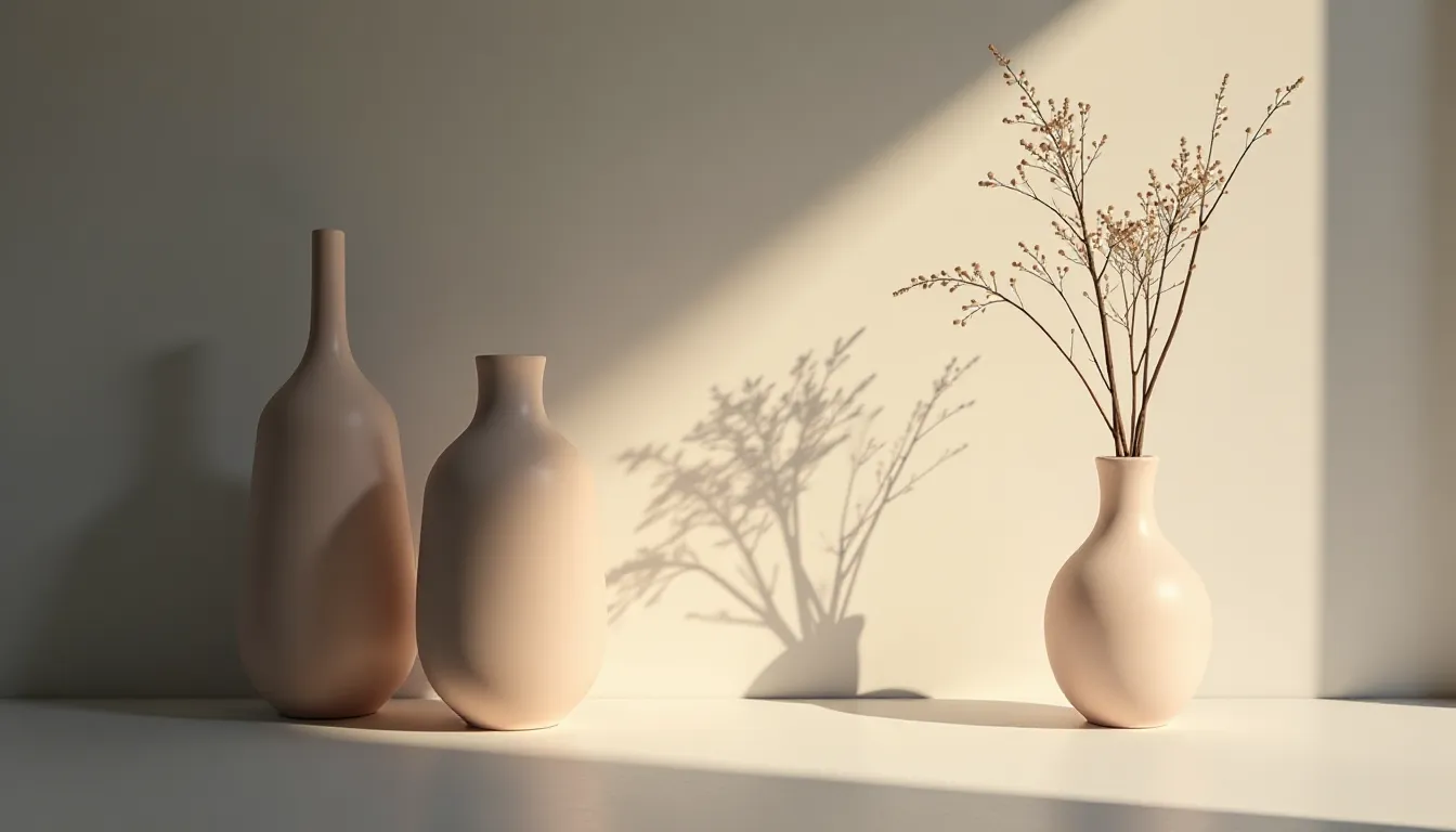Three minimalist clay vases in soft beige tones displayed on a white surface, with a single vase holding delicate dried flowers. Sunlight casts elegant shadows on the wall, enhancing the aesthetic of the arrangement. Ideal for home decor inspiration.