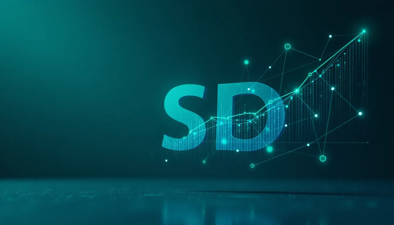 Digital representation of "SD" with a network of lines and data points, symbolizing growth and technological advancement in a futuristic teal background.