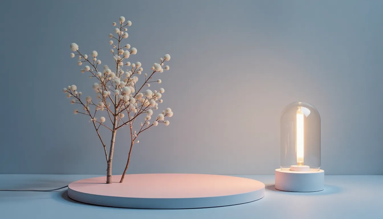 Minimalist decor featuring a decorative branch with fluffy white buds on a circular pink base, accompanied by a modern glass dome lamp emitting warm light, set against a soft blue background.