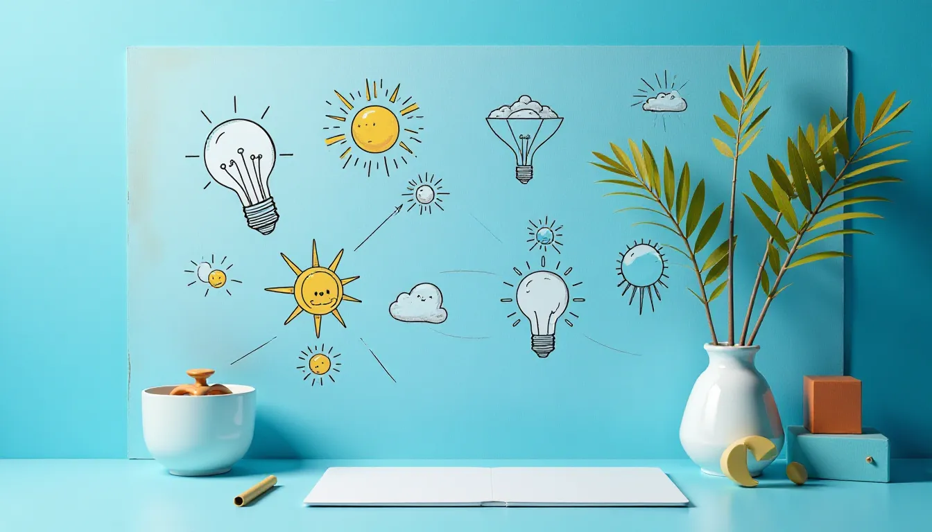 Bright and colorful workspace featuring a hand-drawn mural of suns, clouds, and light bulbs on a blue wall, complemented by a white vase with green leaves, a bowl of snacks, and a notepad, creating an inviting and creative atmosphere.