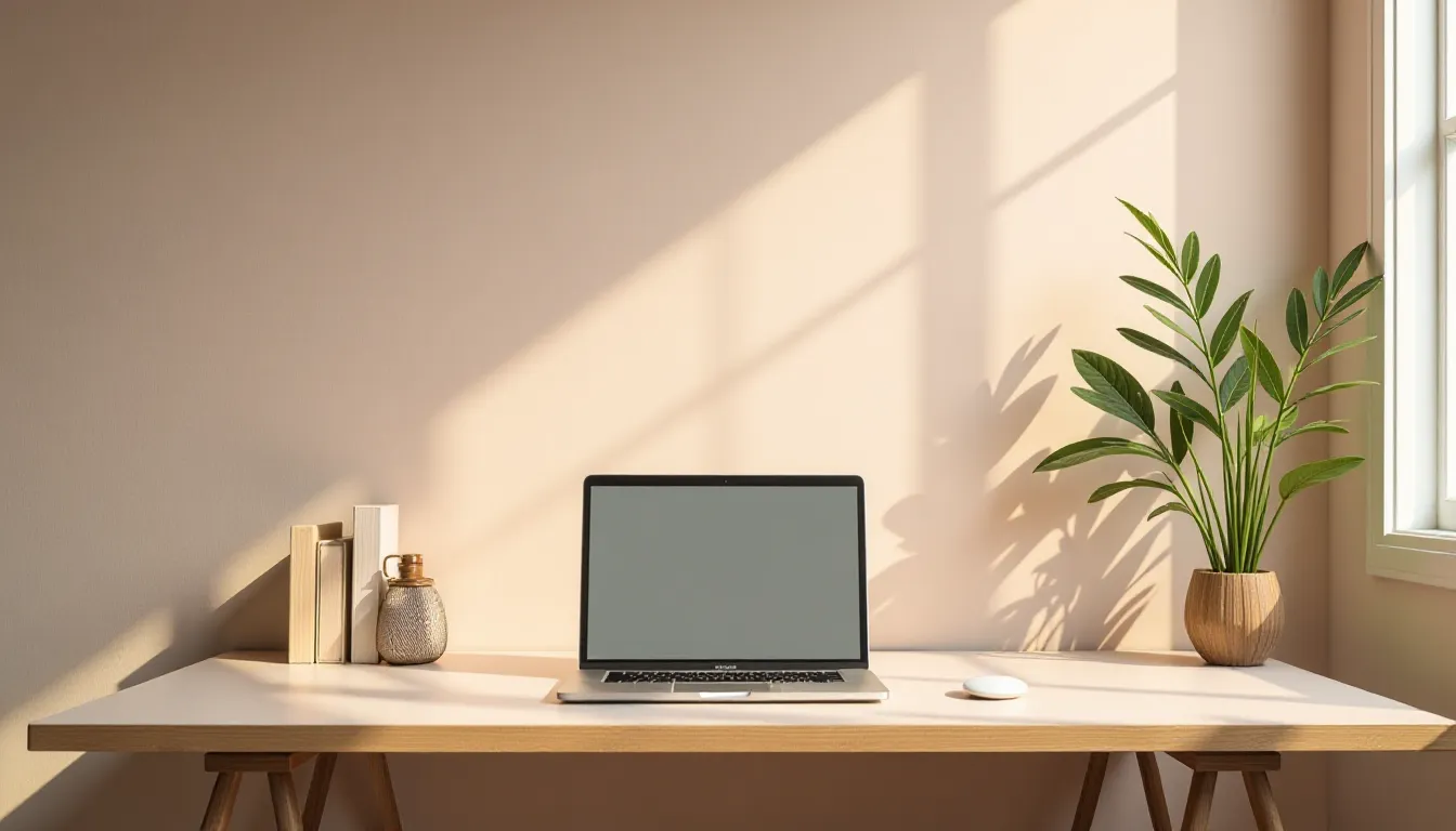 A minimalist home office setup featuring a laptop on a light wooden desk, accompanied by a decorative plant in a pot, books, and a small decorative item, illuminated by natural light from a nearby window.