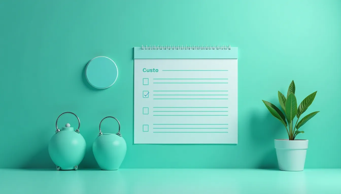 A minimalist desk setup featuring a turquoise wall with a checklist pad labeled "Custo," a round wall mirror, two decorative teal jars, and a small potted plant, creating a serene and organized workspace.