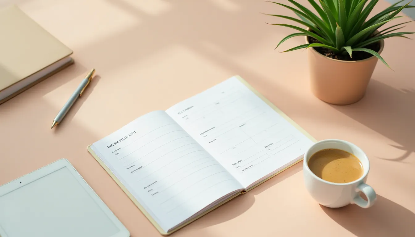 A cozy workspace featuring an open planner with project planning sections, a light blue pen, a white coffee cup filled with coffee, a small green plant in a beige pot, and a tablet on a peach-colored desk surface.