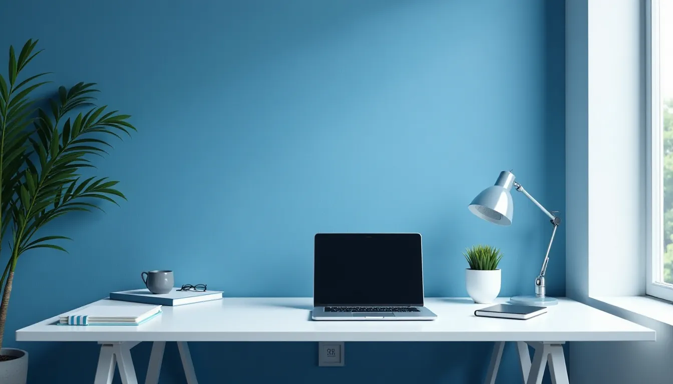 Modern home office setup featuring a sleek white desk, a laptop, desk lamp, potted plant, coffee cup, and notebooks against a serene blue wall, creating a productive and inviting workspace.