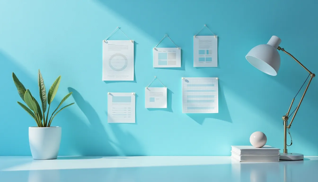 Bright blue wall adorned with various hanging papers, a modern desk lamp, and a small potted plant, creating an inspiring workspace atmosphere.
