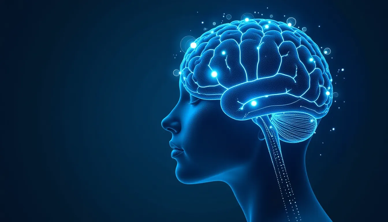 Illustration of a human profile with a glowing, blue digital brain, symbolizing advanced neurotechnology and cognitive processes on a dark background.